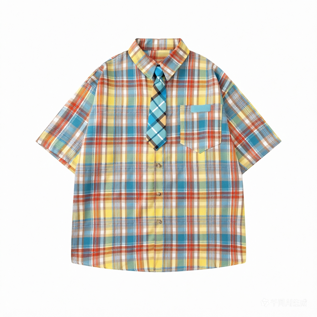 DONOTLOGO 100% Cotton Twill | Original Vintage Colorblock Plaid Shirt | Preppy Style, Contrast Tie & Chest Pocket | Comfortable Unisex Summer Shirt