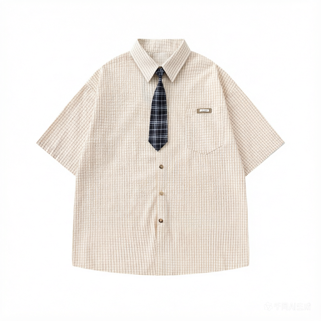 DONOTLOGO Unisex Plaid Shirt with Denim Collar | Colorblock Design, Loose Fit | Japanese Preppy Summer Essential