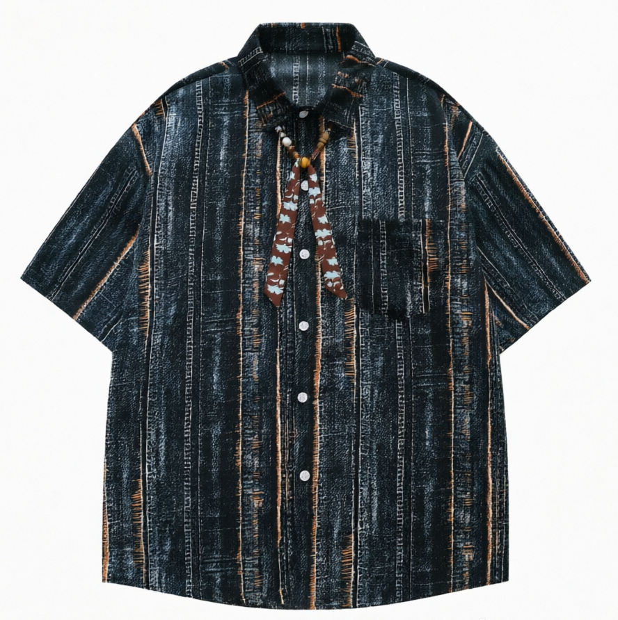 DONOTLOGO Indigo Soul Collection | Unisex Oversized Graphic Stripe Shirt | Japanese Streetwear Style Boxy Fit Top with Decorative Neck Cord