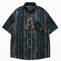 DONOTLOGO Indigo Soul Collection | Unisex Oversized Graphic Stripe Shirt | Japanese Streetwear Style Boxy Fit Top with Decorative Neck Cord