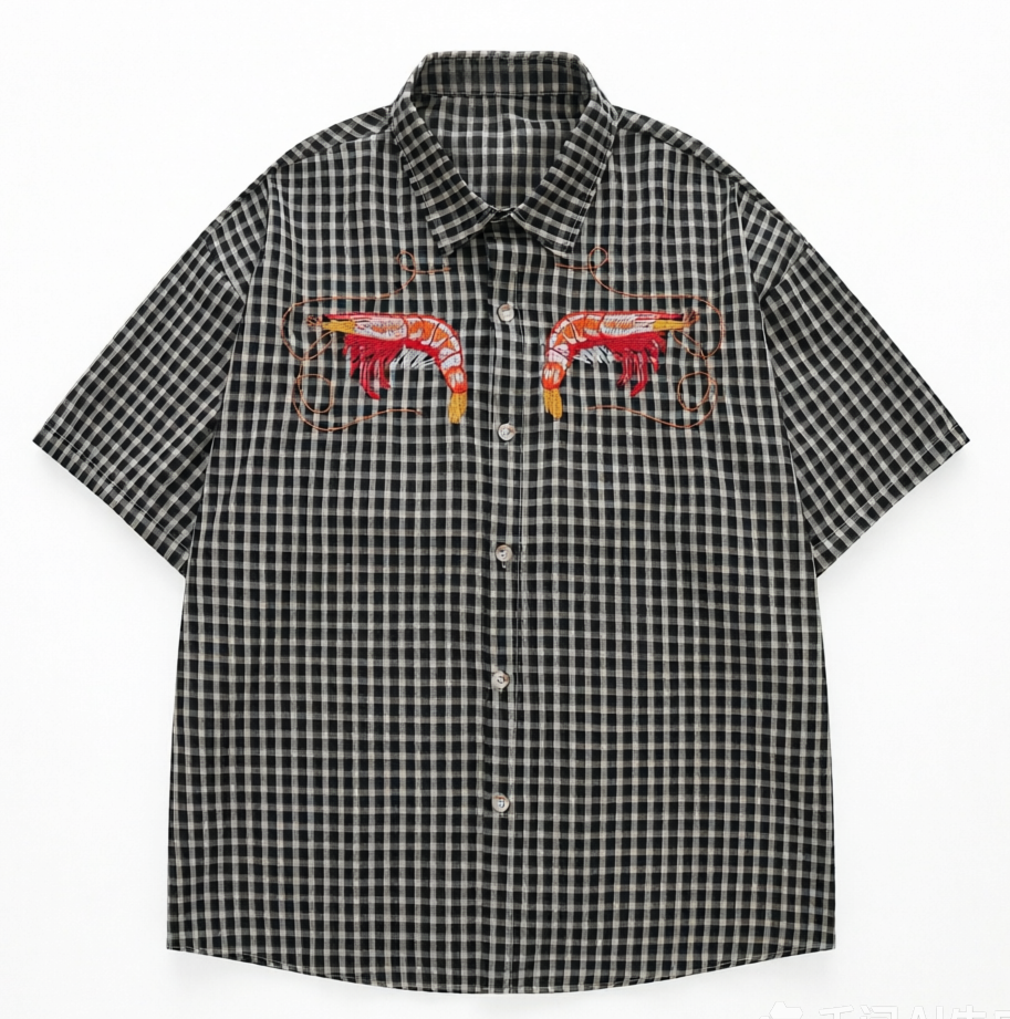 DONOTLOGO Coastal Vintage Collection | Unisex Oversized Gingham Camp Collar Shirt | Playful Aesthetic Short Sleeve Top with Whimsical Lobster Embroidery Detail