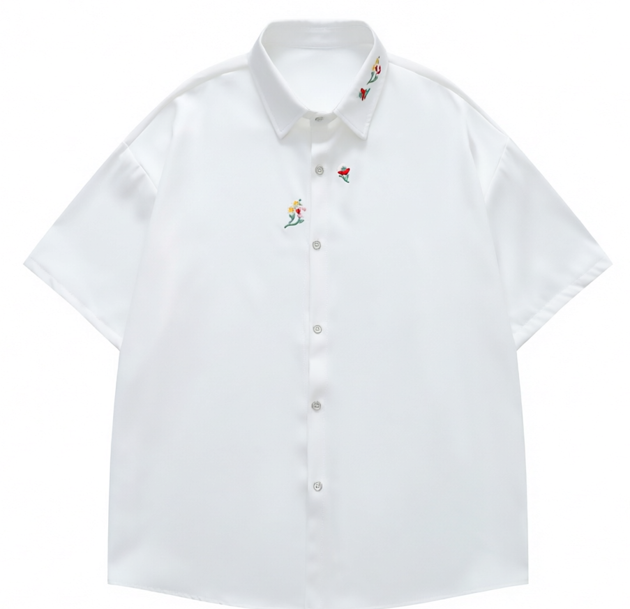 DONOTLOGO Vintage Garden Collection | Unisex Oversized Cotton Camp Collar Shirt | Artistic Aesthetic Short Sleeve Top with Delicate Flower & Moon Embroidery Detail