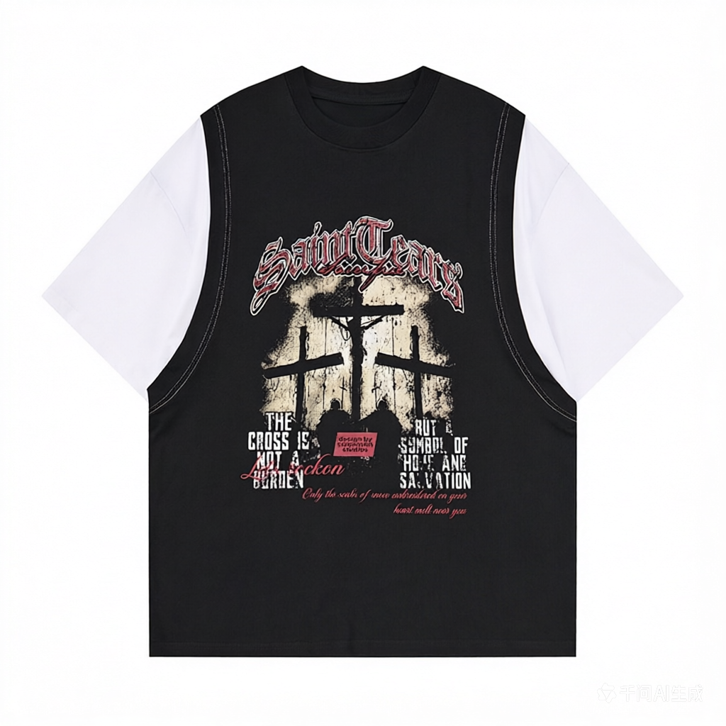 DONOTLOGO Unisex Graphic Layered T-Shirt - Saint Terror Cross Print, Vintage Wash Streetwear