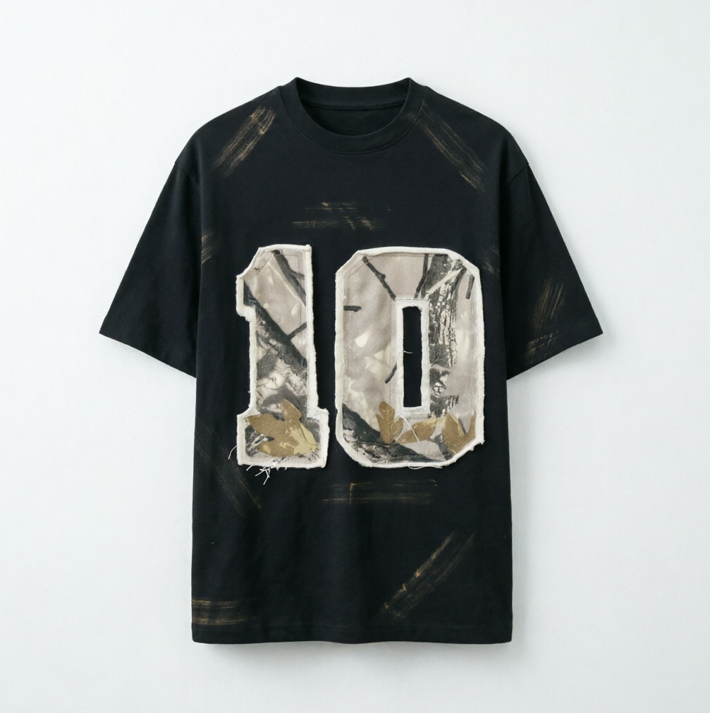 DONOTLOGO Urban Grunge Collection | Unisex Relaxed Fit Tee | Bold Camo '10' Appliqué & Paint Smear Motif with Soft Cotton Fabric