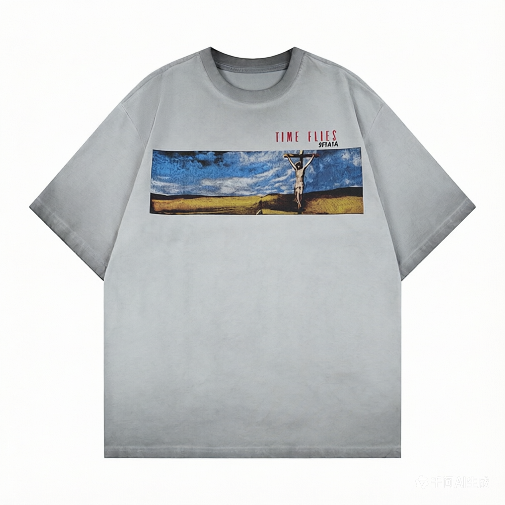 DONOTLOGO "Time Flies" Scenic Art Tee - Distressed Vintage Wash Heavyweight Cotton Oversized T-Shirt