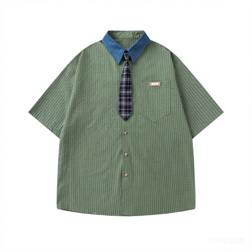 DONOTLOGO Unisex Plaid Shirt with Denim Collar | Colorblock Design, Loose Fit | Japanese Preppy Summer Essential