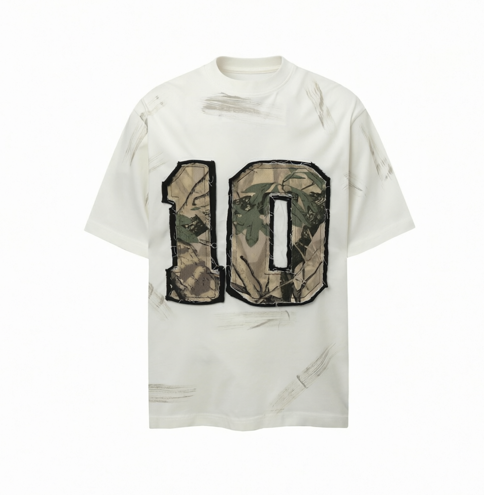 DONOTLOGO Urban Grunge Collection | Unisex Relaxed Fit Tee | Bold Camo '10' Appliqué & Paint Smear Motif with Soft Cotton Fabric