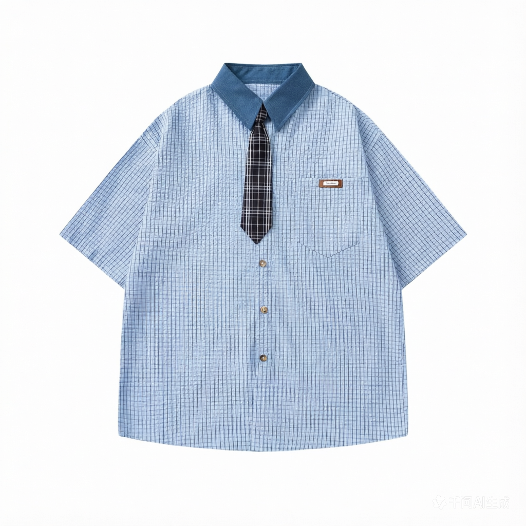 DONOTLOGO Unisex Plaid Shirt with Denim Collar | Colorblock Design, Loose Fit | Japanese Preppy Summer Essential