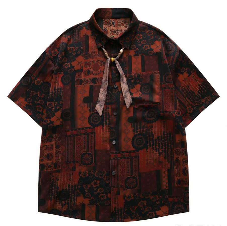 DONOTLOGO Urban Nomad Collection | Unisex Oversized Graphic Camp Collar Shirt | Retro Ethnic Block Print Summer Top